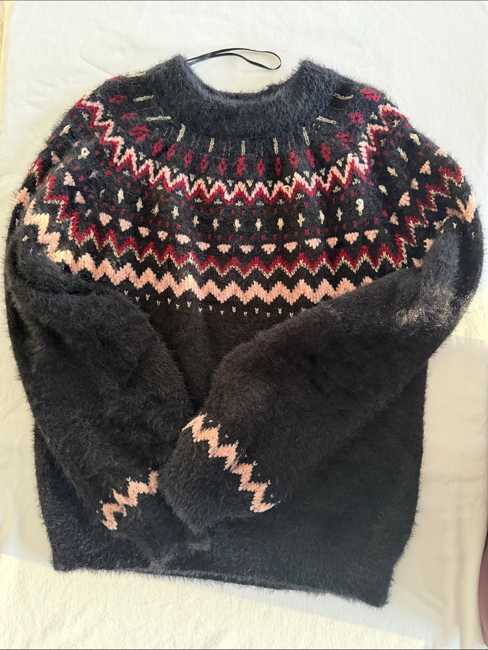 Cozy Black Fair Isle Knit Sweater with Pink Accents
